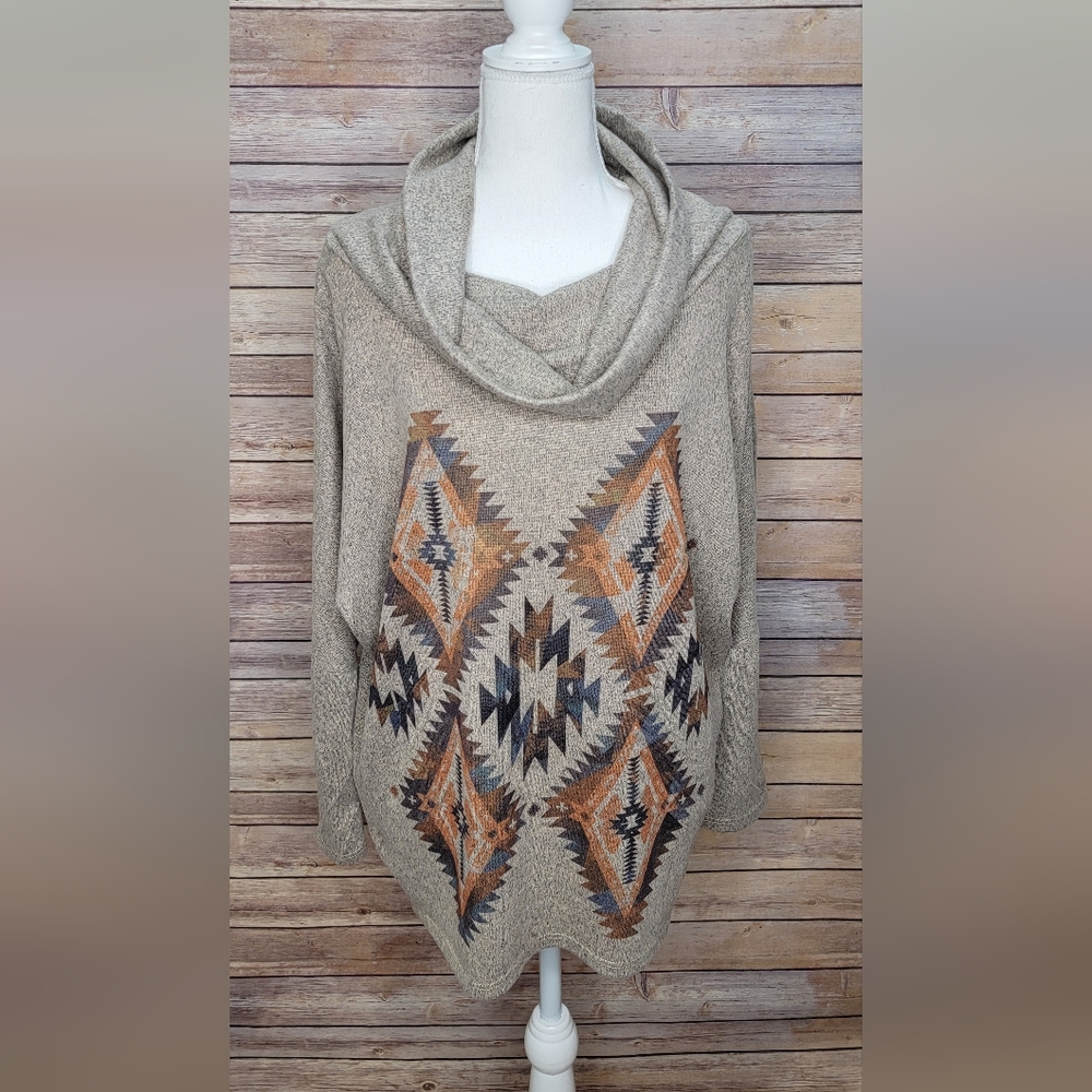 Filly Flair Aztec Cowel Neck Top in Taupe - Medium